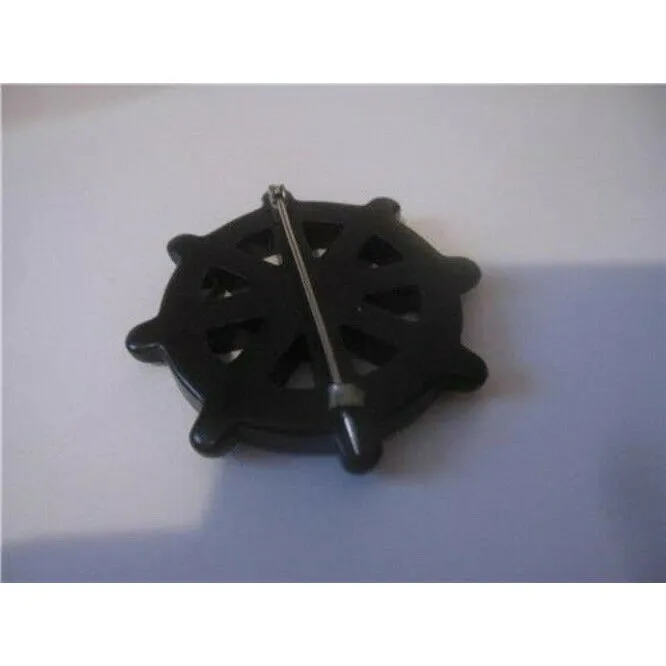 Art Deco Black Bakelite Nautical Boat Wheel Deeply Carved Pierced Brooch Pin