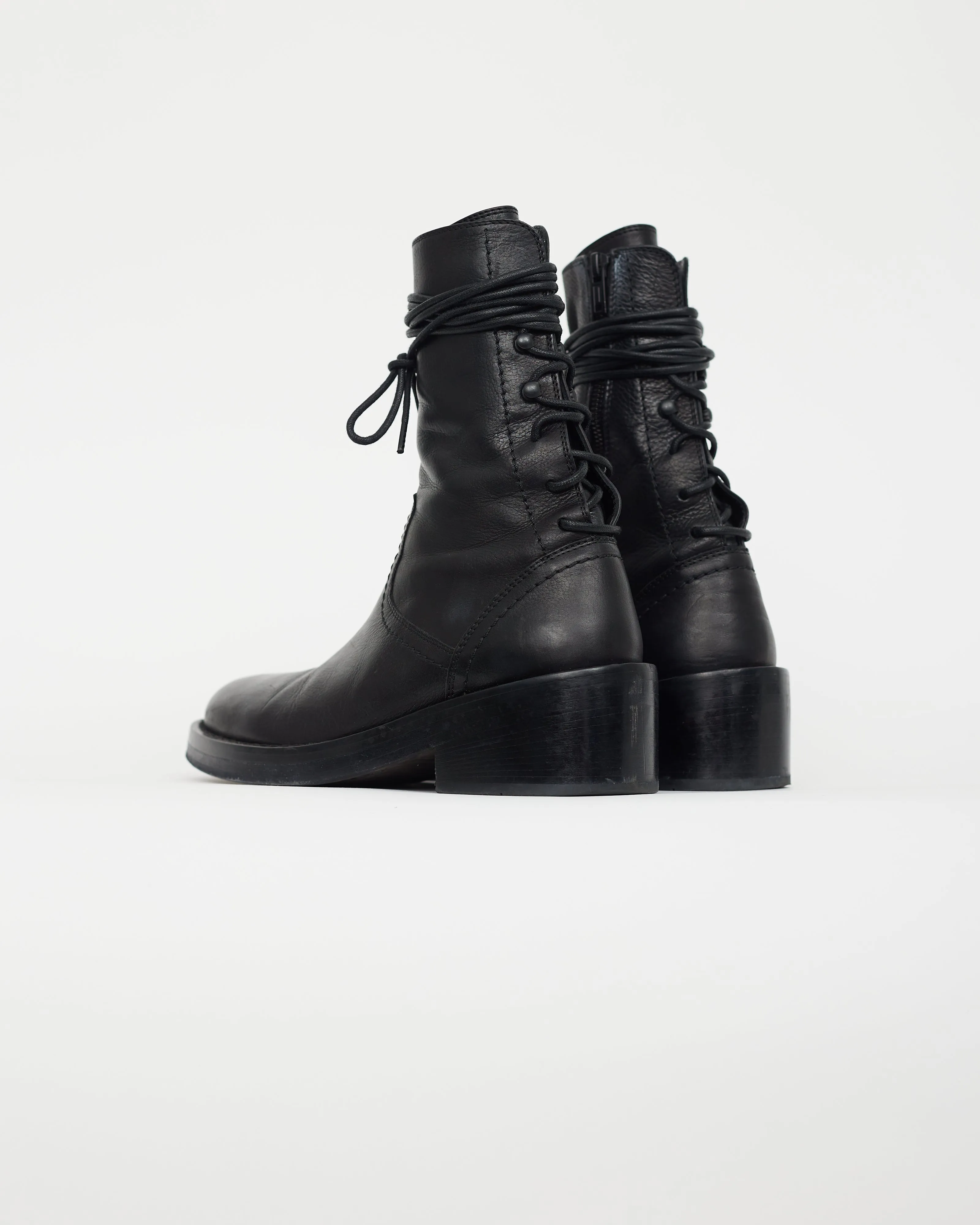 Black Leather Rear Lace Boot