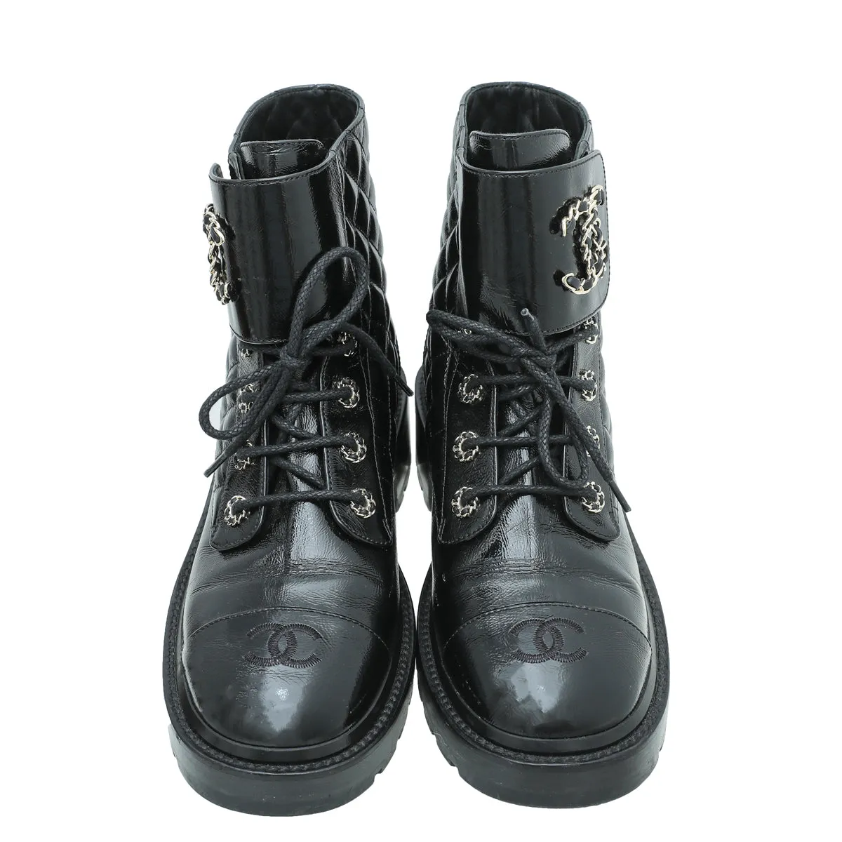 Chanel Black CC Shiny Lace Up Combat Boots 40.5