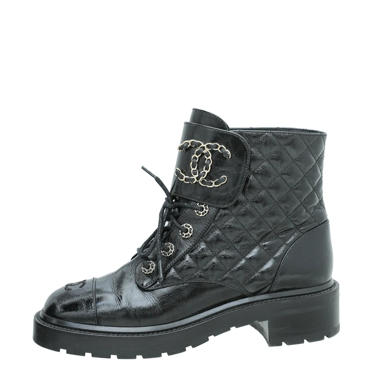 Chanel Black CC Shiny Lace Up Combat Boots 40.5