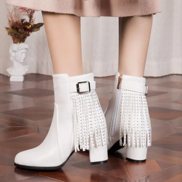 Chunky heels fringe booties with buckles