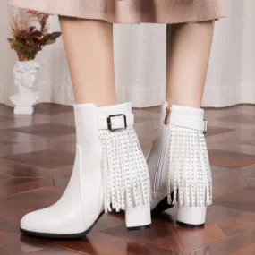 Chunky heels fringe booties with buckles