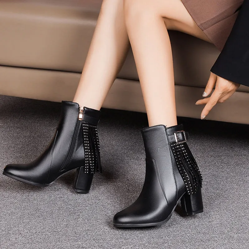 Chunky heels fringe booties with buckles