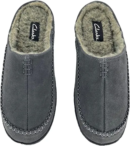 Clarks Stylish Baseball Stiching Grey Plush Sherpa Lined Rounded Toe Suede Clogs