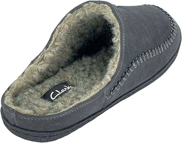 Clarks Stylish Baseball Stiching Grey Plush Sherpa Lined Rounded Toe Suede Clogs