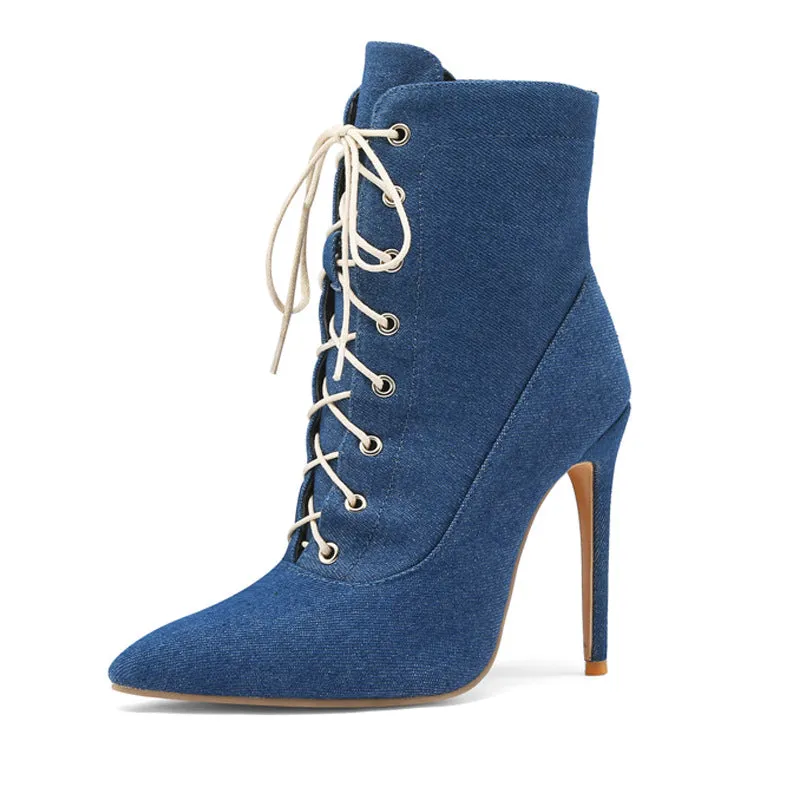 Denim stiletto heels lace-up booties with pointed toe