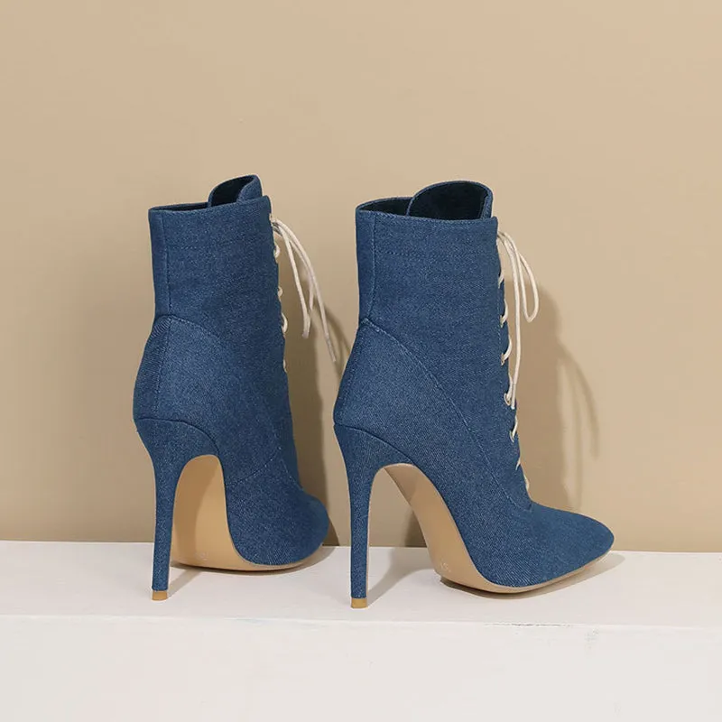 Denim stiletto heels lace-up booties with pointed toe