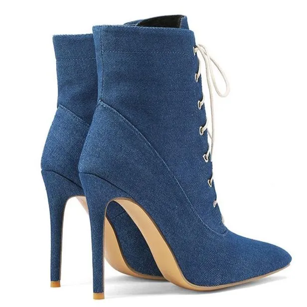 Denim stiletto heels lace-up booties with pointed toe