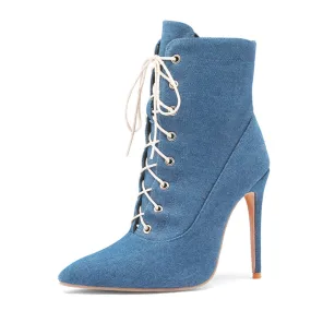 Denim stiletto heels lace-up booties with pointed toe