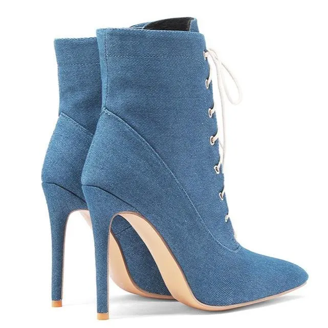 Denim stiletto heels lace-up booties with pointed toe