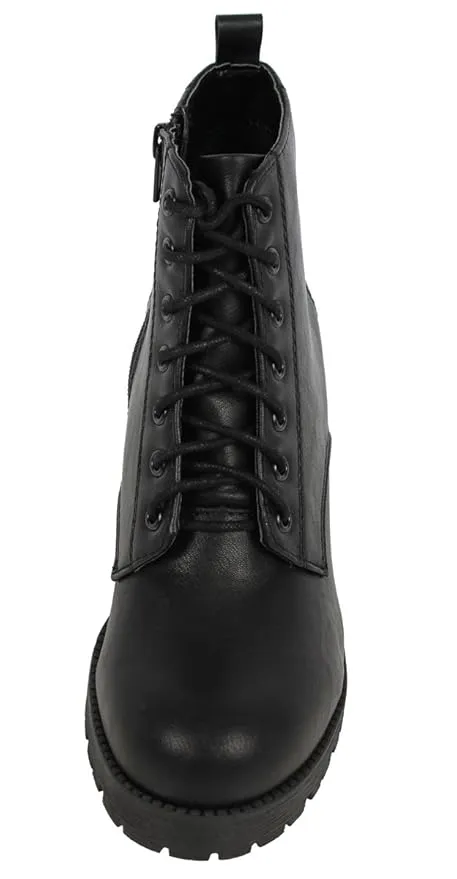 Faux Leather Lace Up Chunky Heel Combat Boots in Black