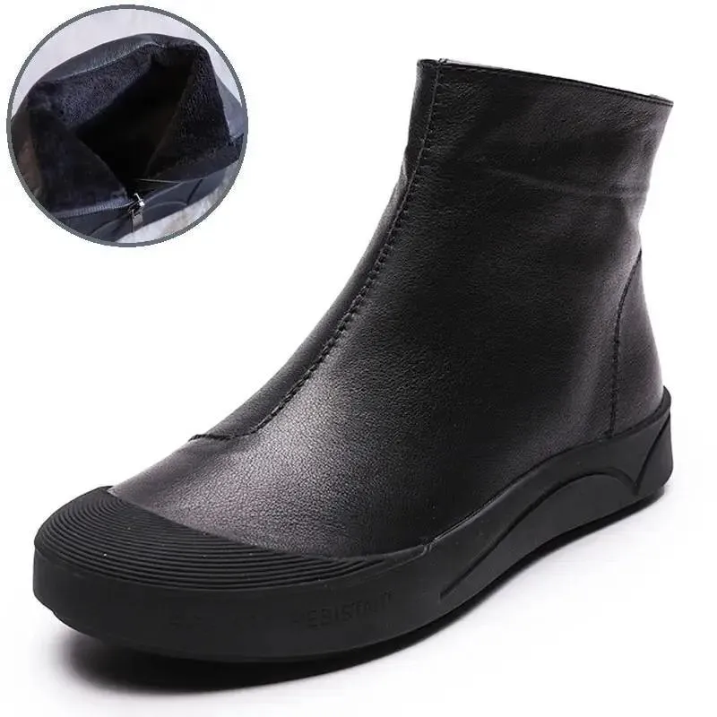 Genuine Leather Flat Ankle Boots For Women Soft Comfortable