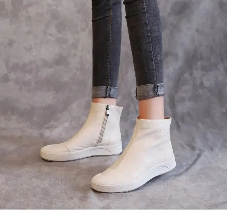 Genuine Leather Flat Ankle Boots For Women Soft Comfortable