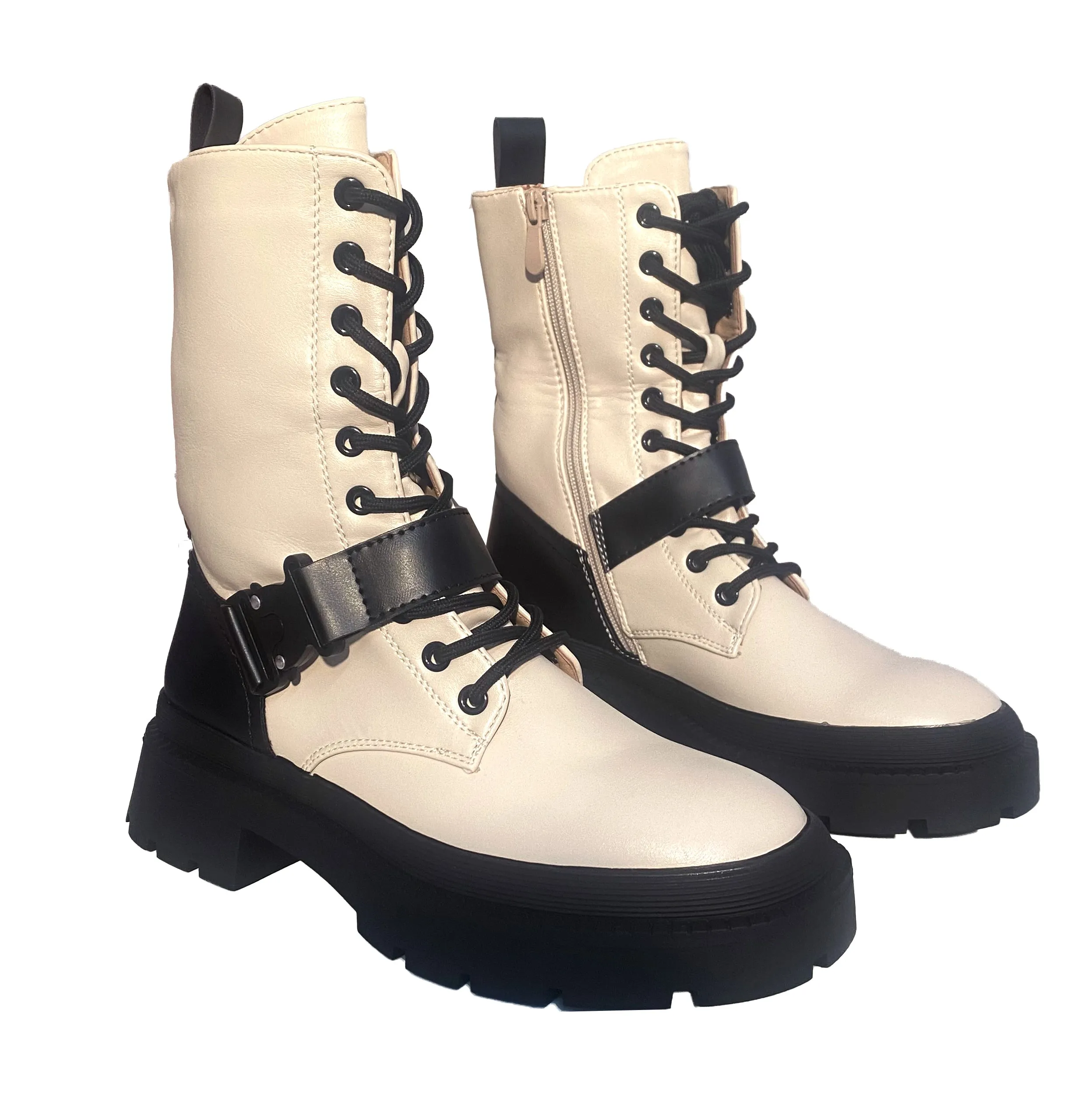 Jesse Womens Combat Military Lace Strap Winter Zip Up Ladies Chunky Heel Ankle Boots Beige