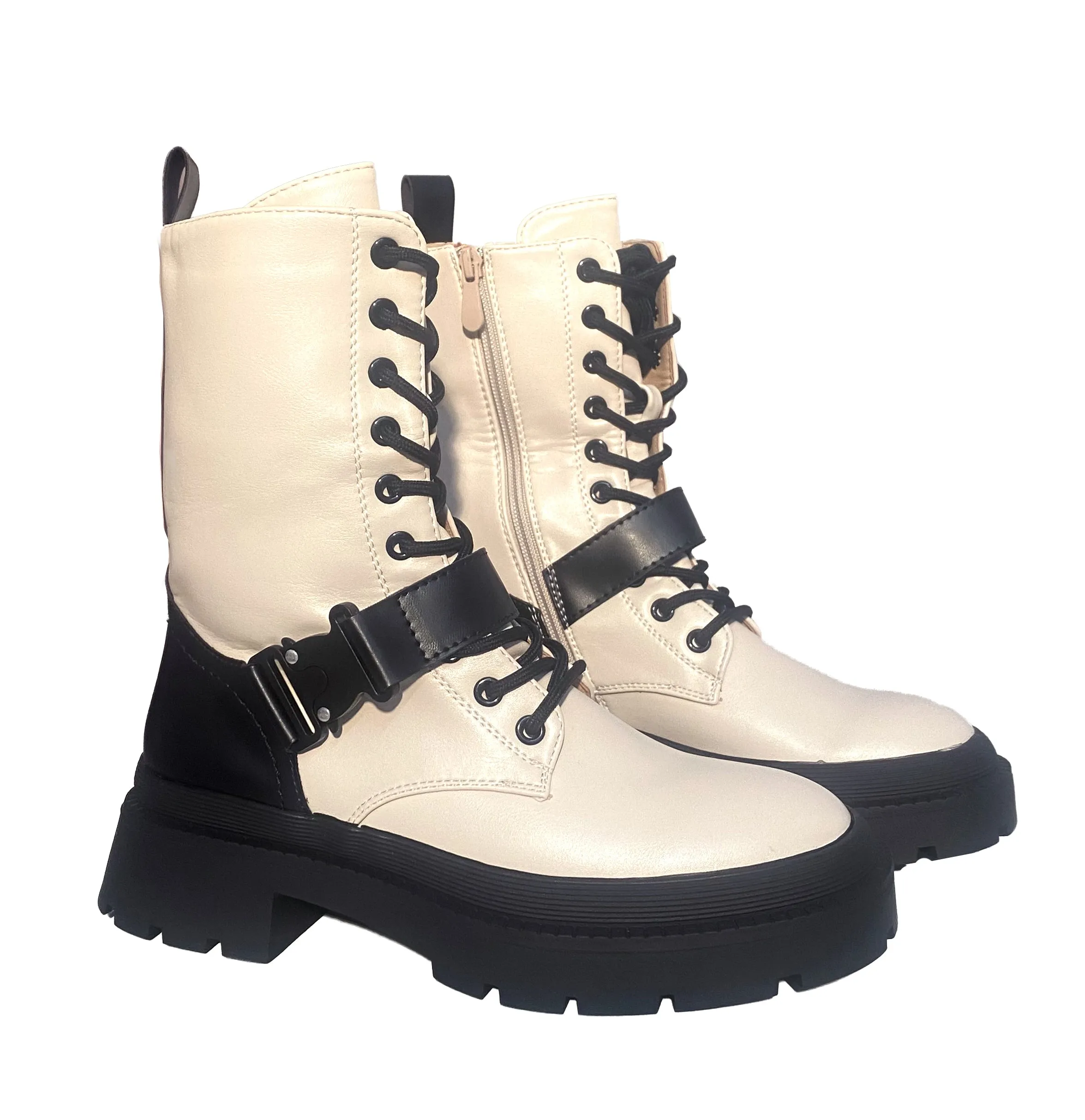 Jesse Womens Combat Military Lace Strap Winter Zip Up Ladies Chunky Heel Ankle Boots Beige