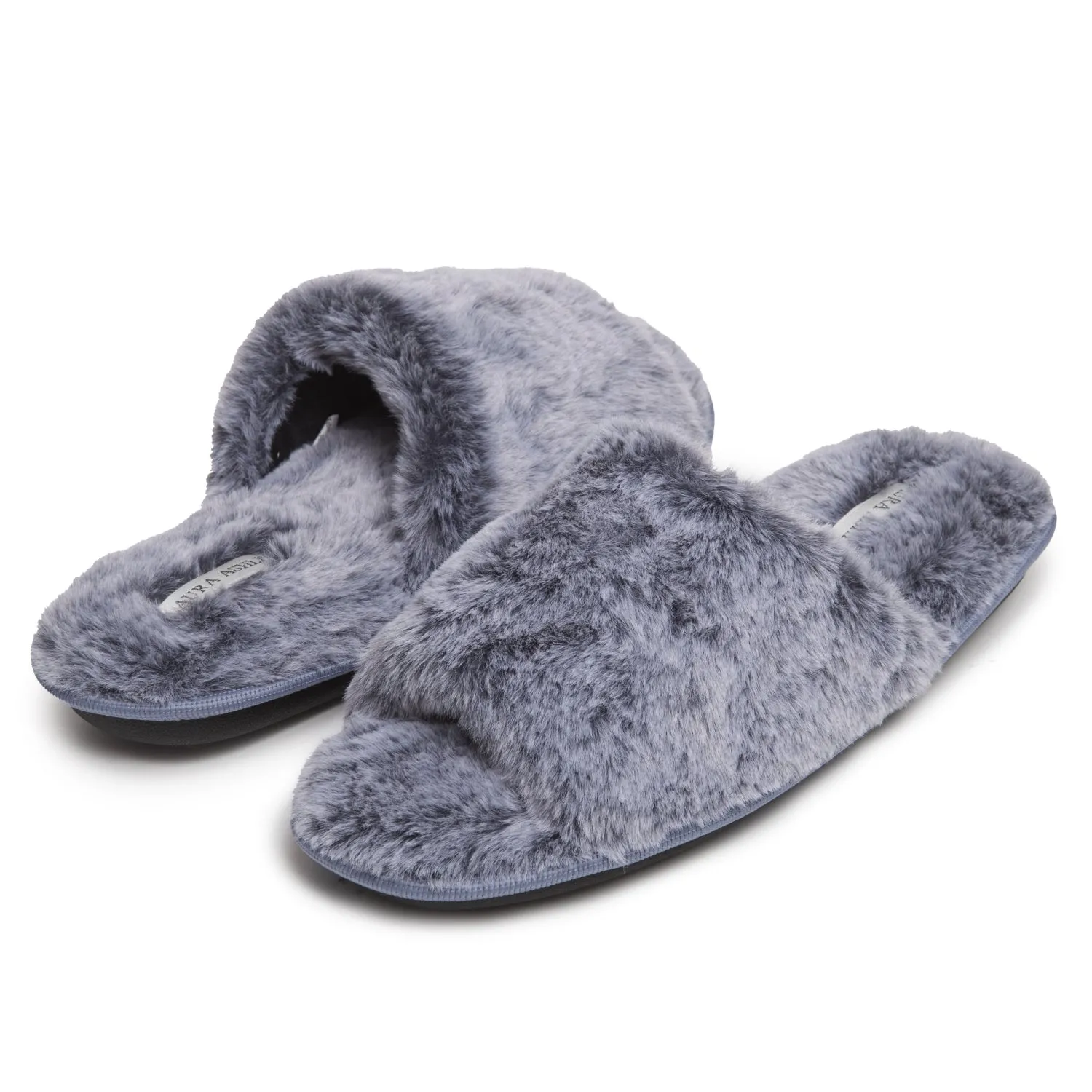 Laura Ashley Women's Faux Fur Plush Open Toe Scuff Slippers, Indoor Outdoor Slip On Slippers for Ladies