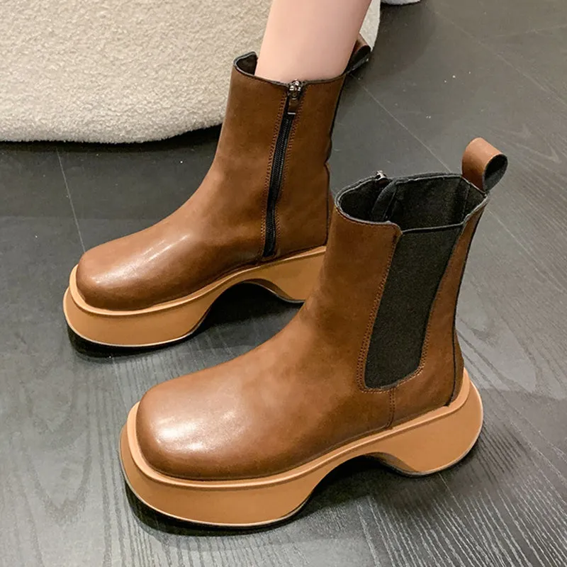 Leather Platform Ankle Boots with Side Zipper