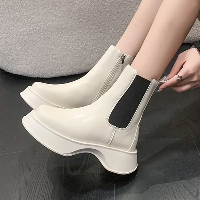 Leather Platform Ankle Boots with Side Zipper