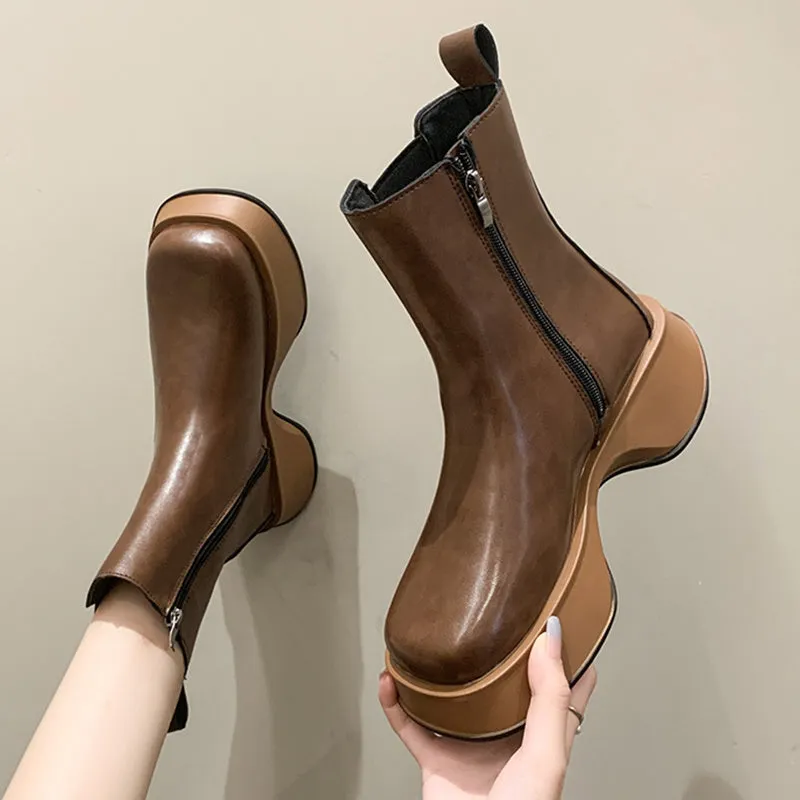 Leather Platform Ankle Boots with Side Zipper