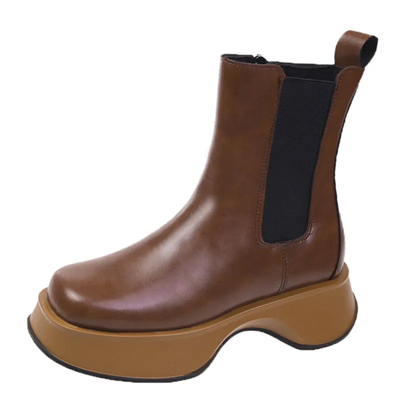 Leather Platform Ankle Boots with Side Zipper