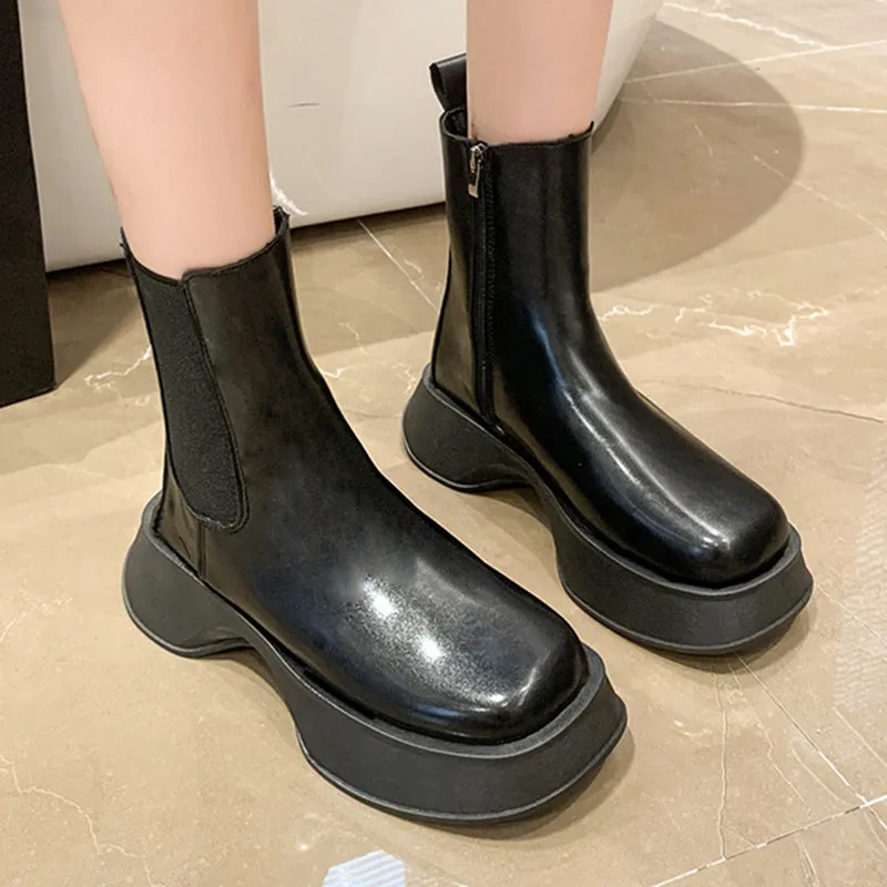 Leather Platform Ankle Boots with Side Zipper