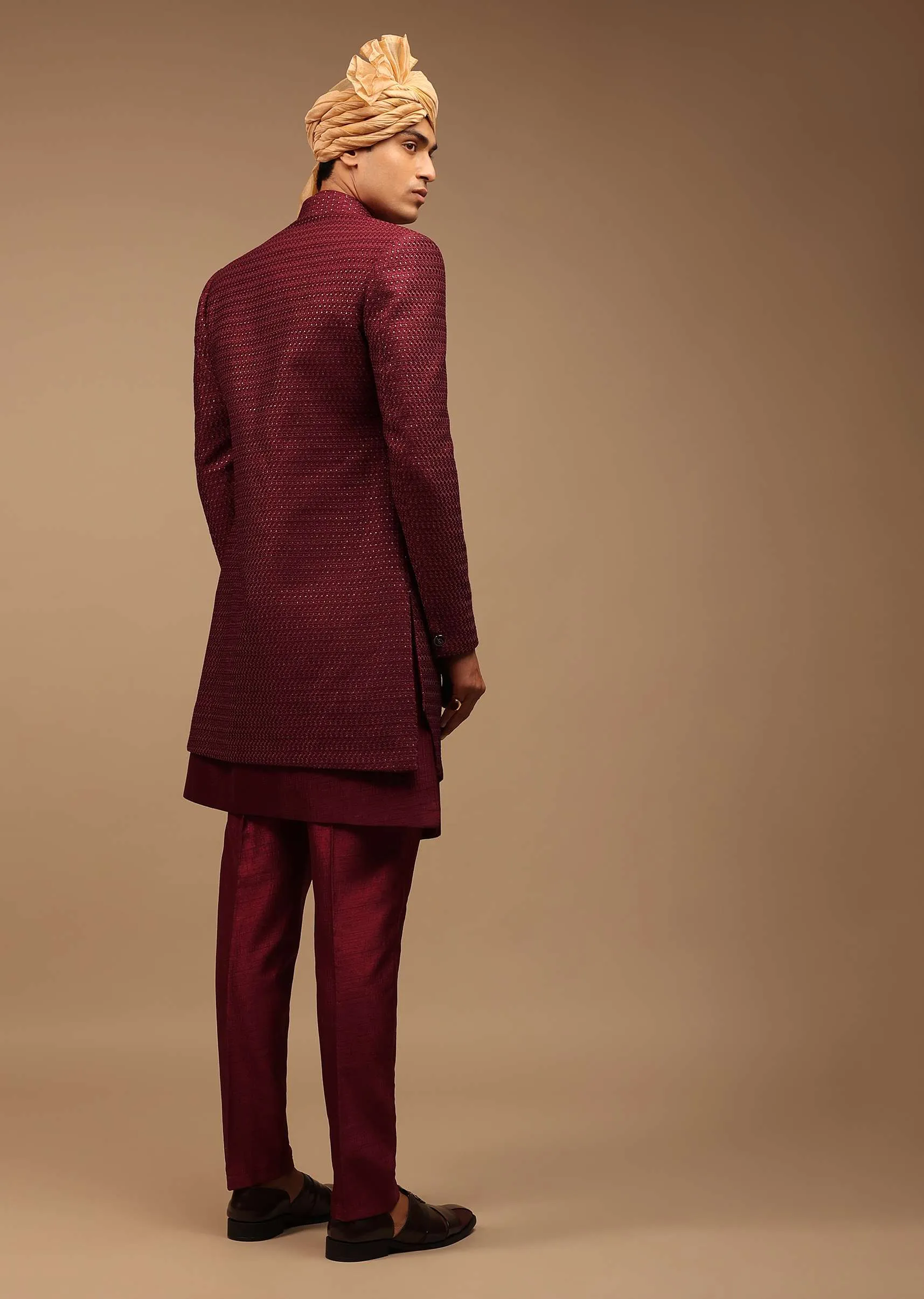 Maroon Raw Silk Sherwani With Golden Sequins