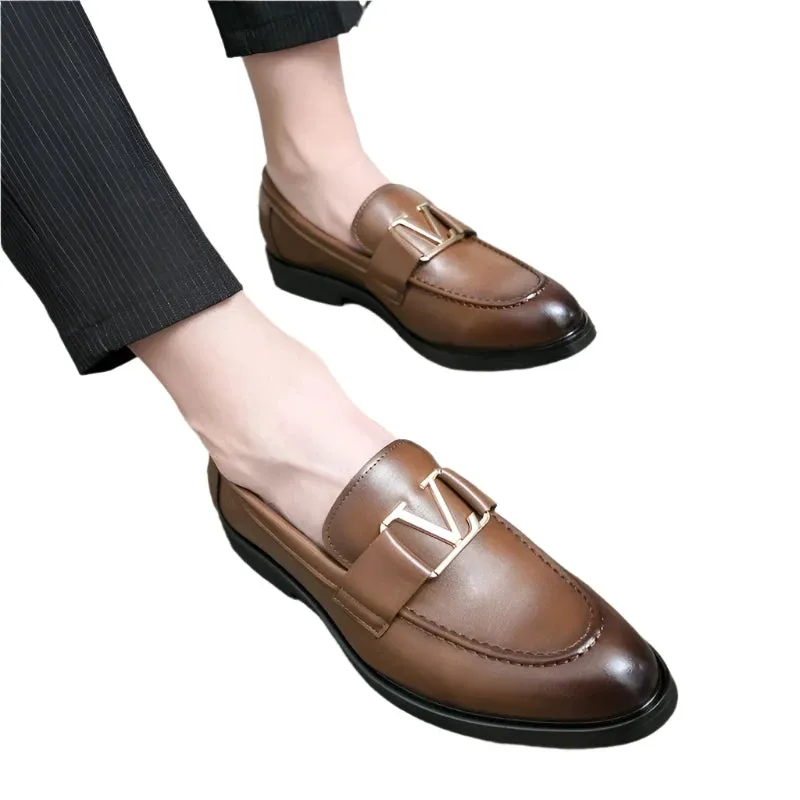 Men's European Style Leather Loafers - Classic Fashion Shoes with Letter Buckle, Sizes 38-48
