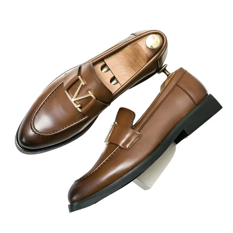 Men's European Style Leather Loafers - Classic Fashion Shoes with Letter Buckle, Sizes 38-48