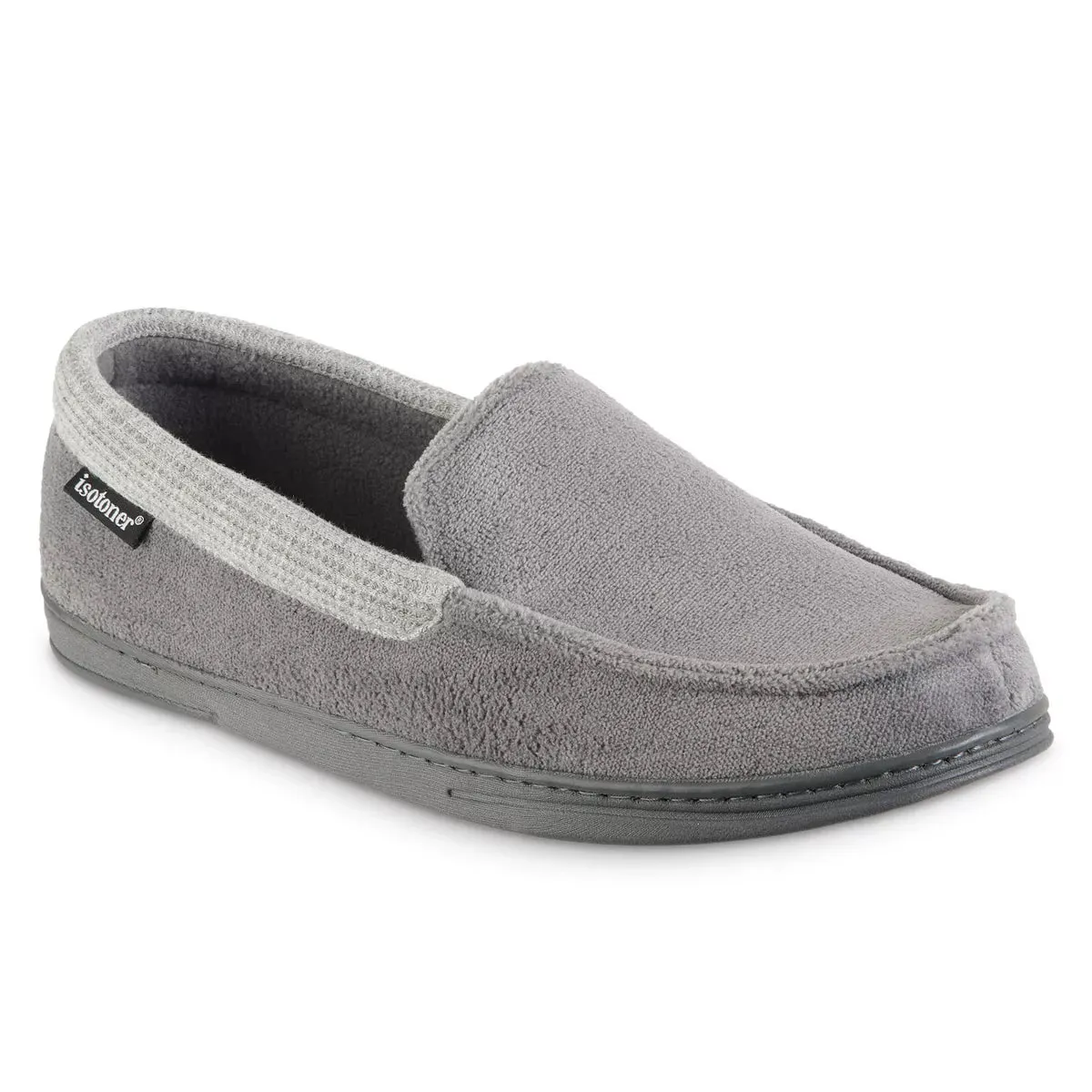 New Men's isotoner Microterry and Waffle Travis Moccasin Slippers, light grey Sz XXL 13-14