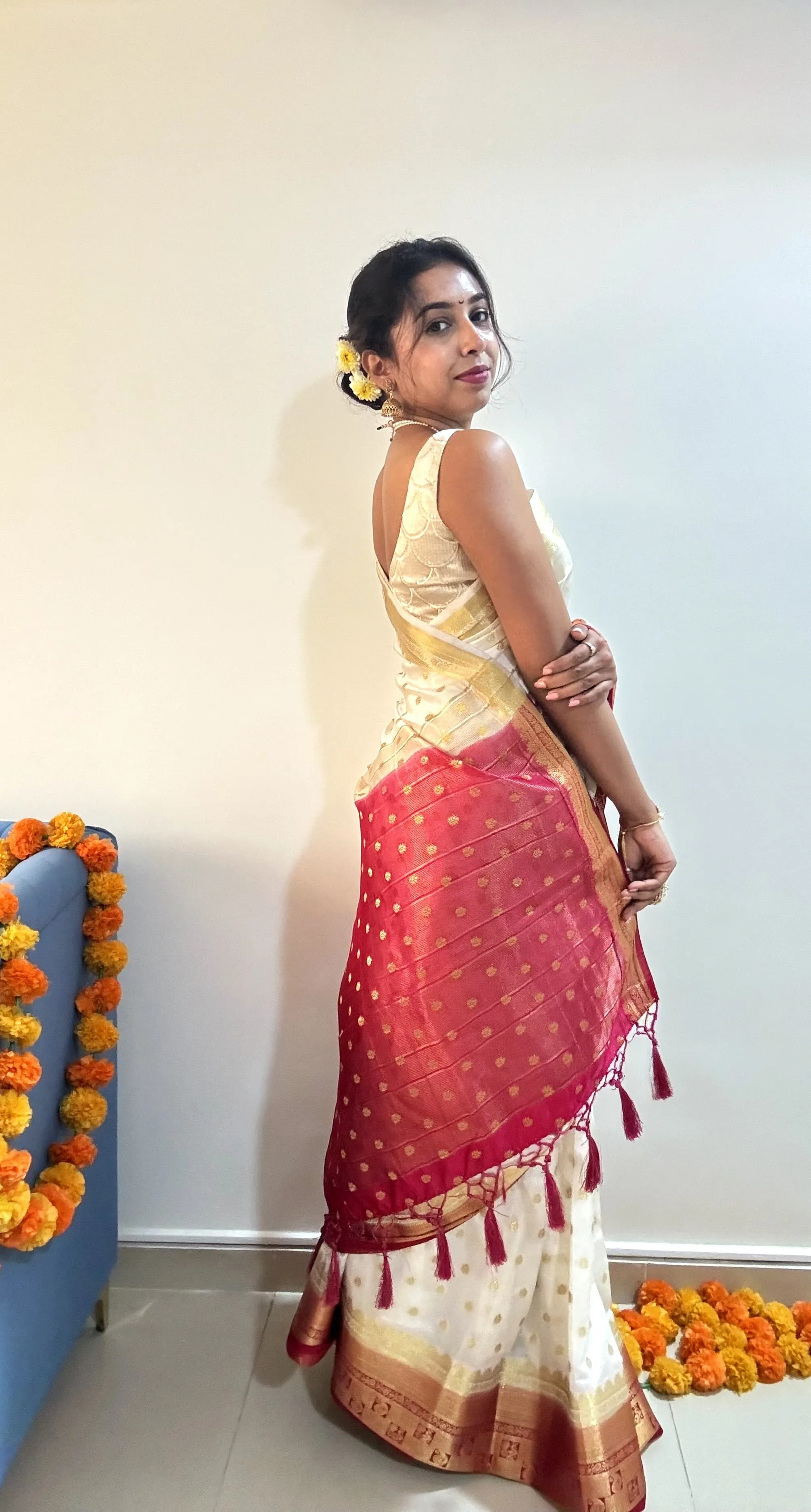 Off White Color Silk Readymade/Easy Saree