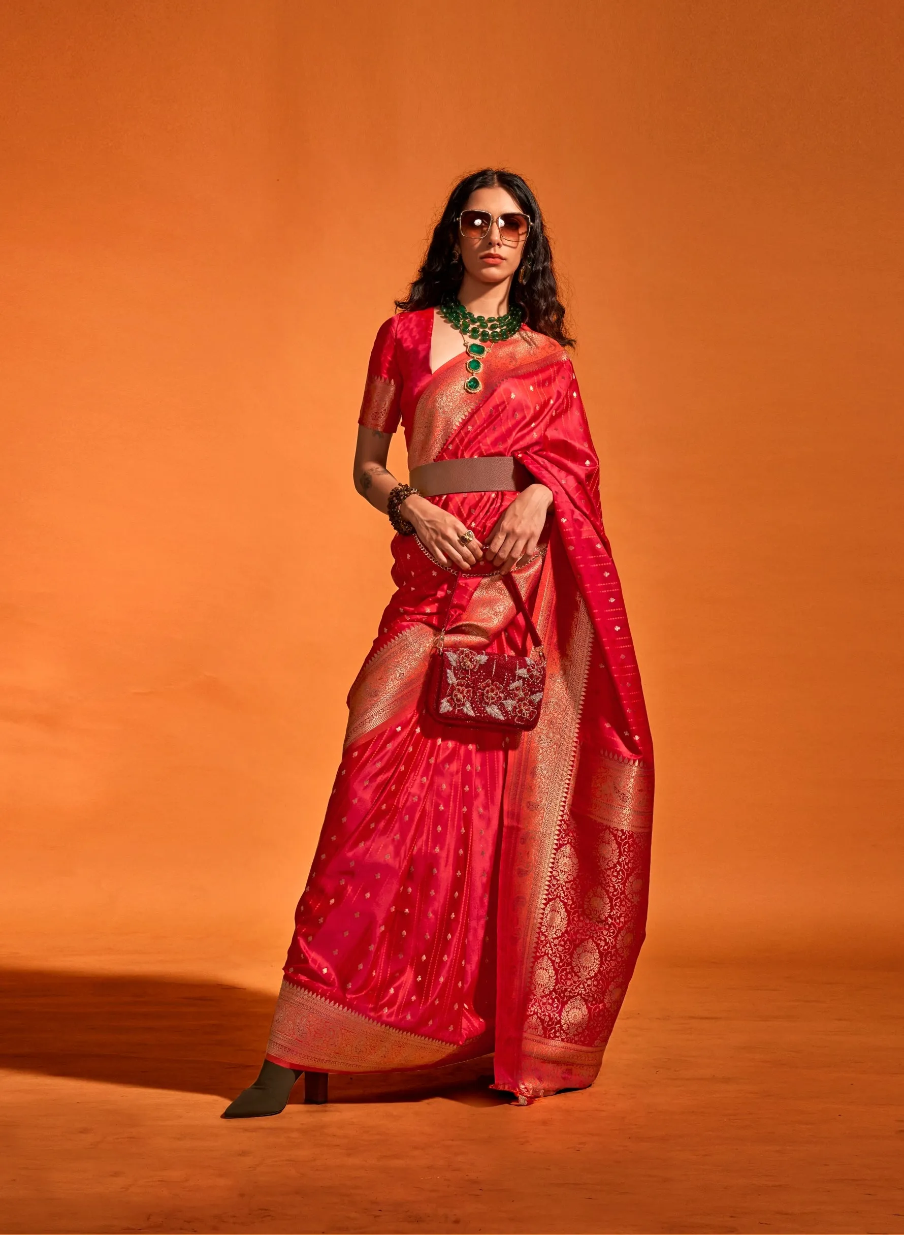 Red Satin Silk Readymade Saree