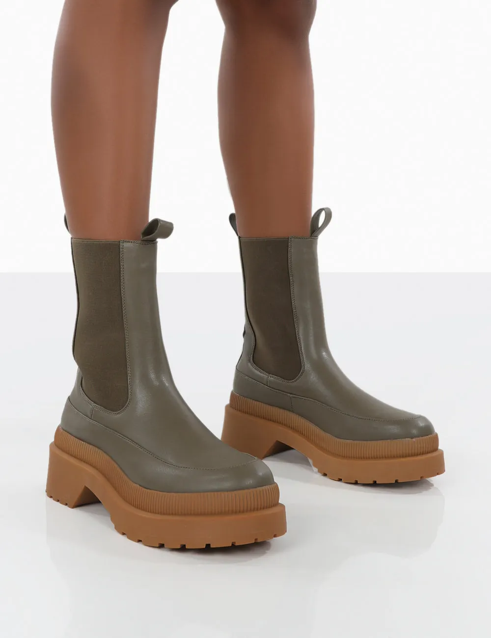Rise Khaki Chunky Rubber Sole chelsea Boots