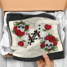 Skull and Roses Print on Demand Artwork Women's Fur Trimmed Combat Style Boots