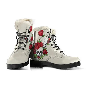 Skull and Roses Print on Demand Artwork Women's Fur Trimmed Combat Style Boots