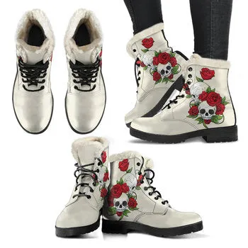 Skull and Roses Print on Demand Artwork Women's Fur Trimmed Combat Style Boots