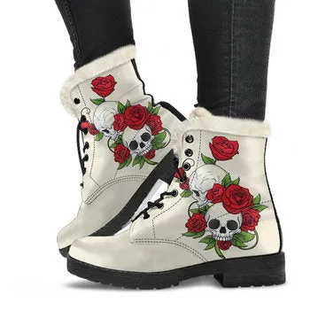 Skull and Roses Print on Demand Artwork Women's Fur Trimmed Combat Style Boots
