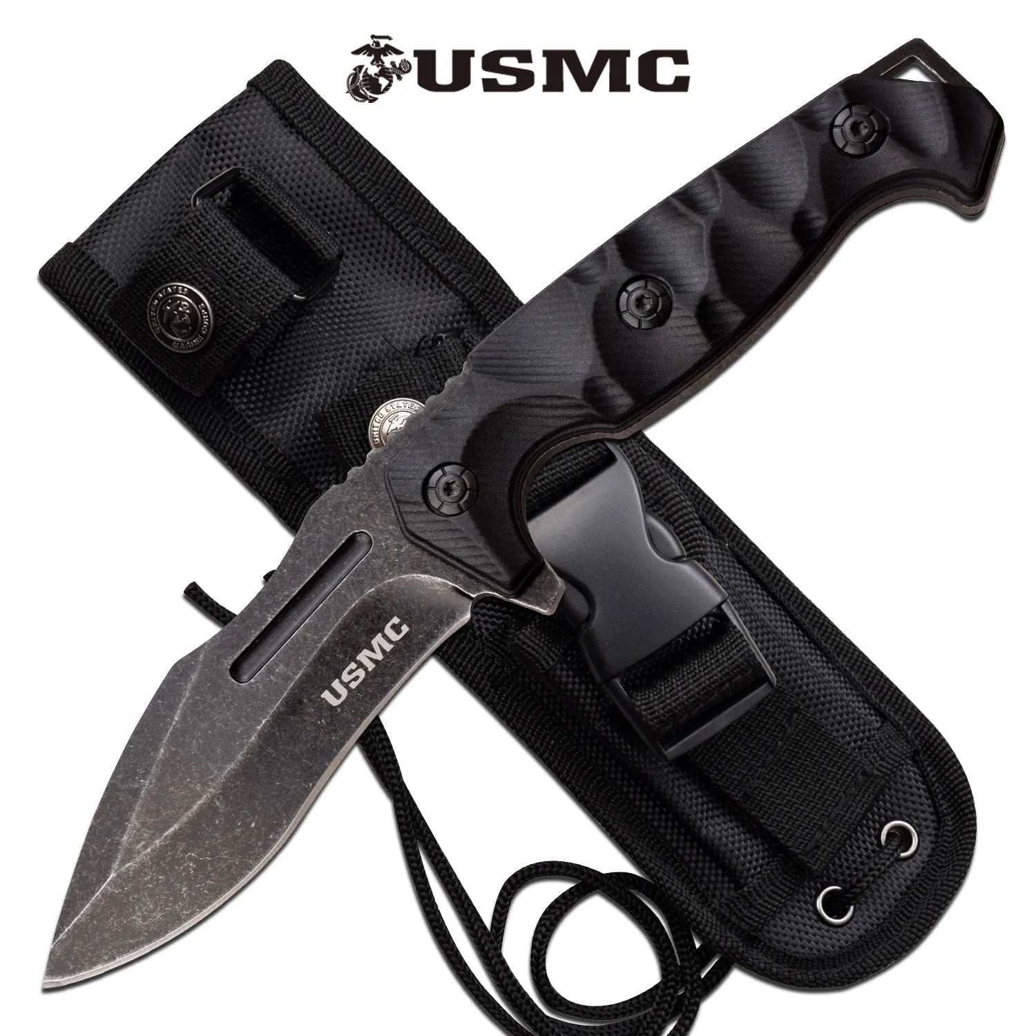 USMC Military Full Tang Tactical Stonewashed Black Fixed Blade Knife