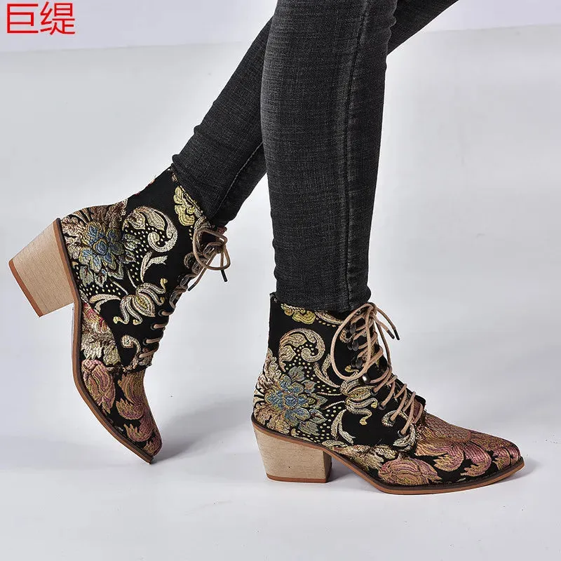 Women Luxury Silk Embroidered Lace Up  Ankle Boots Autumn/Winter