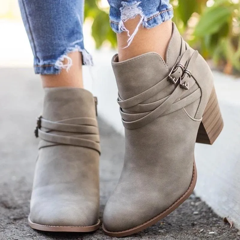 Women's buckle strap block heel ankle booties