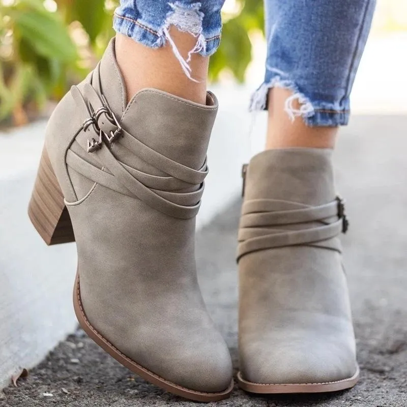 Women's buckle strap block heel ankle booties