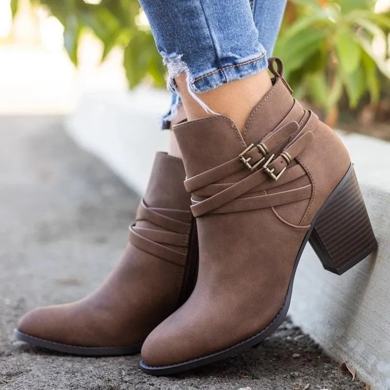 Women's buckle strap block heel ankle booties