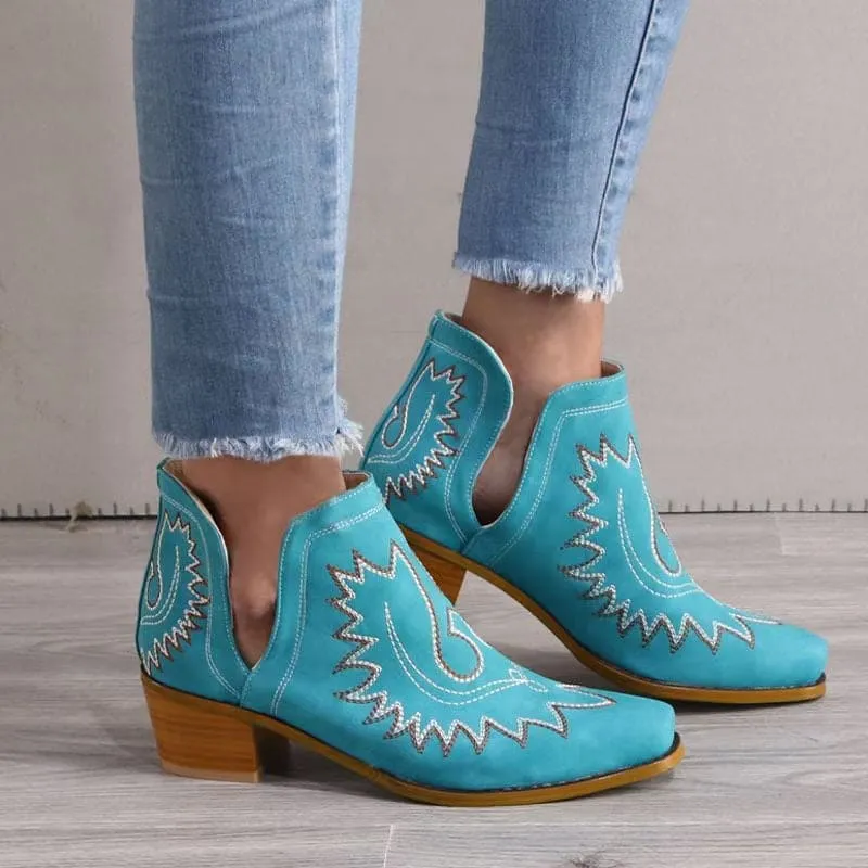 Women's Embroidered Chunky Heel Ankle Boots