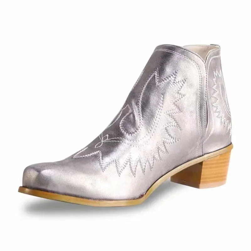 Women's Embroidered Chunky Heel Ankle Boots