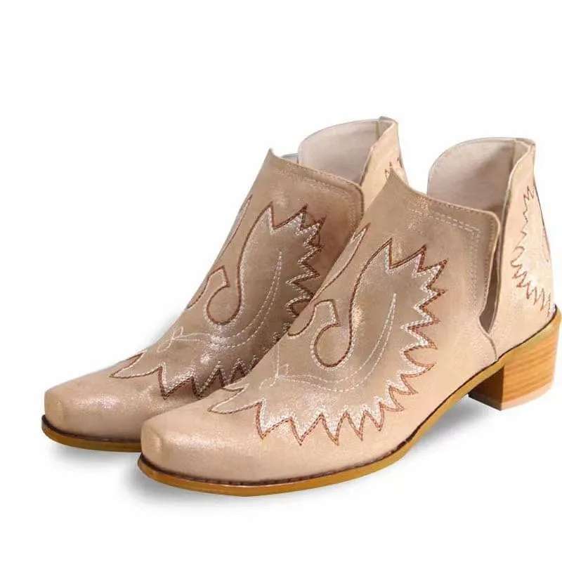 Women's Embroidered Chunky Heel Ankle Boots