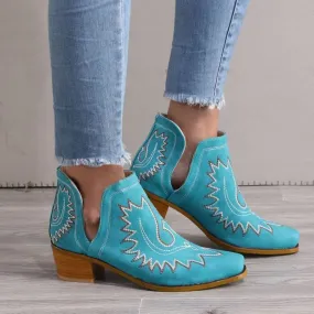 Women's Embroidered Chunky Heel Ankle Boots