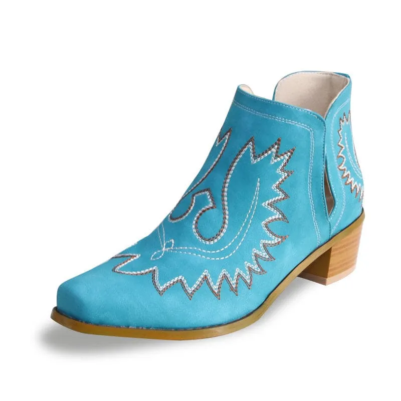 Women's Embroidered Chunky Heel Ankle Boots